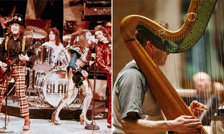 Slade performing c1975, and a harp player