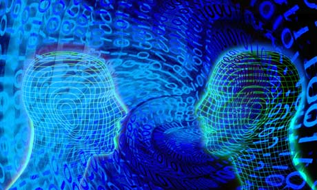 Human heads with binary code swirling around them