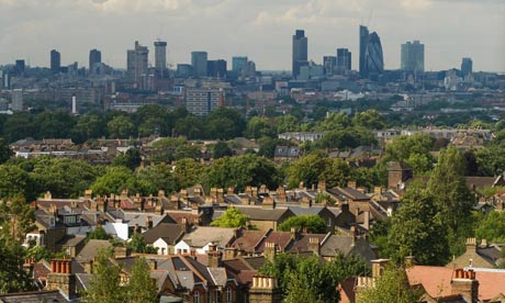 London skyline, with suburban houses in the foreground