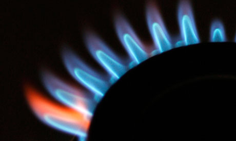 Gas flames are seen burning on a cooker in London