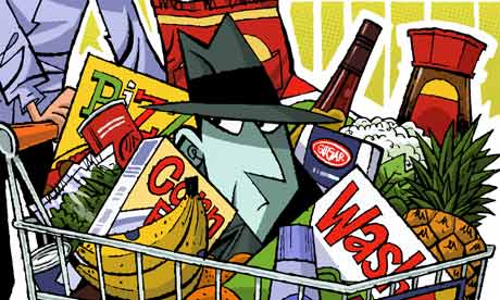 Illustration d'un espion dans un chariot de supermarché