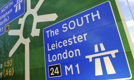 Motorway sign showing the South and London