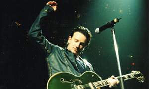 Bono gets lost in the moment during a 2001 gig in Portland, Oregon