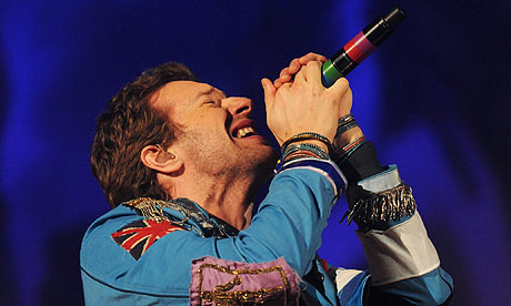 Chris Martin of Coldplay performs at the Brits 2009
