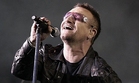 Bono of U2 performing at Wembley Stadium