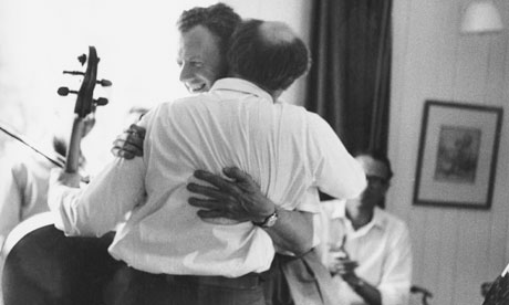 Mstislav Rostropovich embraces Benjamin Britten 