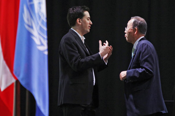 Copenhagen: the result: Ed Miliband speaks to UN Secretary General Ban Ki-Moon.