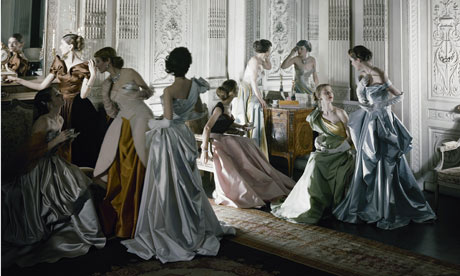 Vogue models in Charles James gowns in the ornate interior of French Co