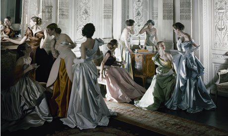 Vogue models in Charles James gowns in the ornate interior of French Co 