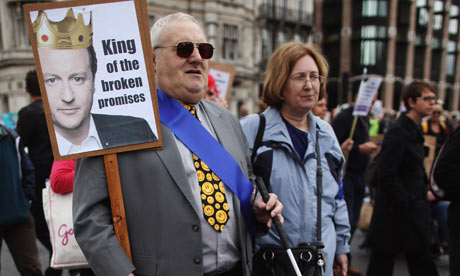 A blind man joins other protesters on the 'Hardest Hit' march on 11 May, 2011, in London in response to cuts in services and benefits for disabled people. Photograph: Dan Kitwood/Getty Images Demonstrators 007 Disabled people face abuse and threats of violence after fraud crackdown