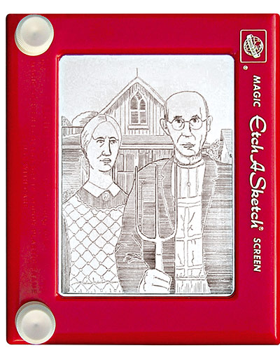 Etch A Sketch version of Grant Wood's American Gothic, by Jeff Gagliardi.