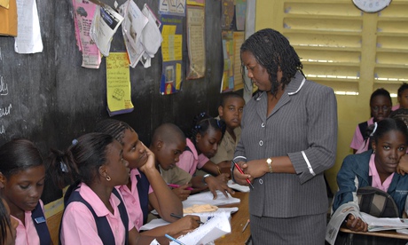 A classroom in Montego Bay, Jamaica, where teachers may earn a fifth of the salary of UK teachers.