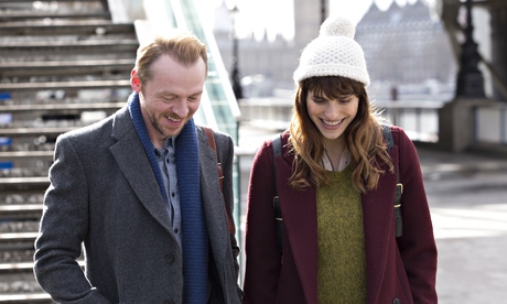 Simon Pegg with Lake Bell sporting an 'amusing woolly hat'' in Man Up.