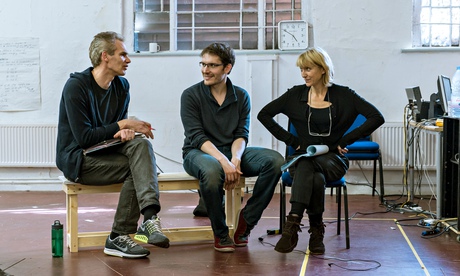 Robert Icke, centre, with Angus Wright and Lia Williams in rehearsal for Oresteia.