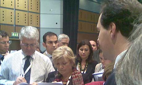 George Osborne is surrounded by journalists, including Martin Kettle and Polly Toynbee, following his speech