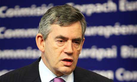 Gordon Brown addresses the media after a meeting with the European commission president, Jos&eacute; Manuel Barroso, in Brussels