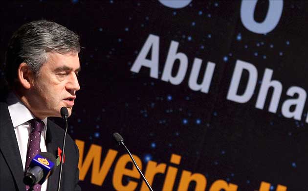 Gordon Brown gives his speech during his visit to Abu Dhabi