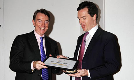 George Osborne presents Lord Mandelson with 'Newcomer of the Year Award'
