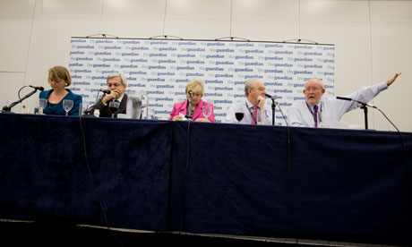 Yvette Cooper, Chris Huhne, Polly Toynbee, Peter Kellner and Charles Clarke at the Guardian debate