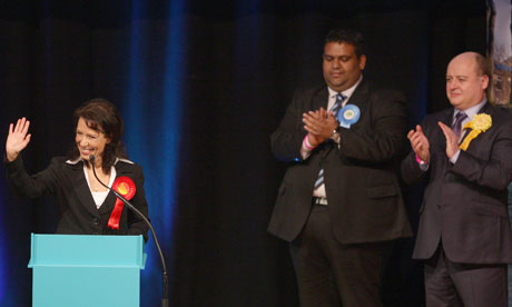 Debbie Abrahams celebrates victory in the Oldham East and Saddleworth byelection