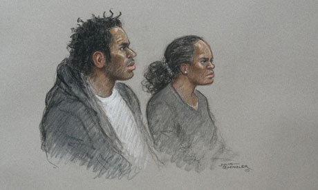 Court artist's drawing Eric Bikubi and Magalie Bamu