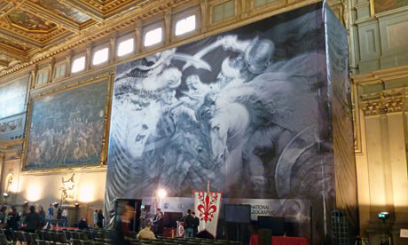 Banner showing the painting which might be hidden behind the wall in Florence's Palazzo Vecchio