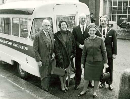 Citizens Advice at 70: A mobile Citizens Advice Bureau service is met by the mayor in the 1960s