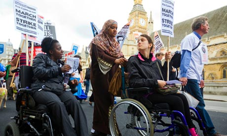 A protest by disabled people against cuts to their benefits, Westminster, London