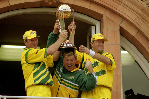 Twins who are winning: Steve and Mark Waugh either side of Shane Warne