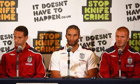 England internationals Rio Ferdinand, David James and David Beckham promote the Stop Knife Crime campaign. Photograph: Phil Cole/Getty Images