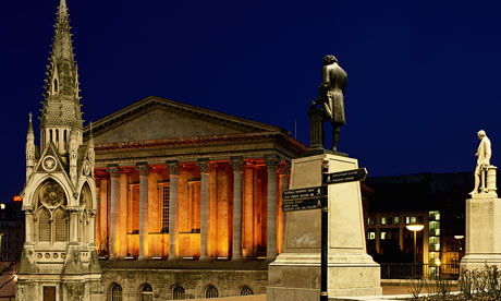 Statue and Lit Town Hall in Birmingham