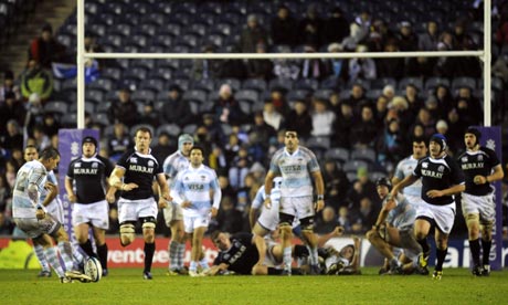 Argentina's Martin Rodriguez scores the winning drop goal against Scotland at Murrayfield