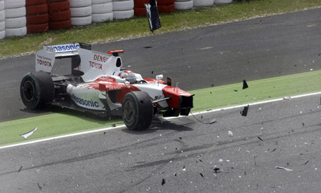 Toyota's Jarno Trulli crashes at the start of the Spanish Grand Prix
