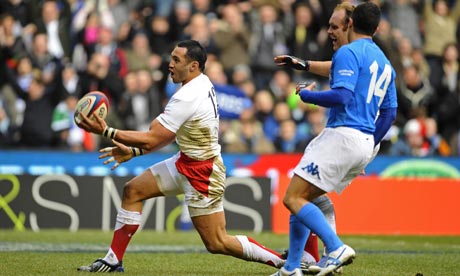 Riki Flutey celebrates scoring for England against Italy