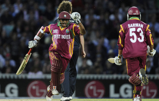Shivnarine Chanderpaul, left, and Sarwan after the latter hit the winning runs.
