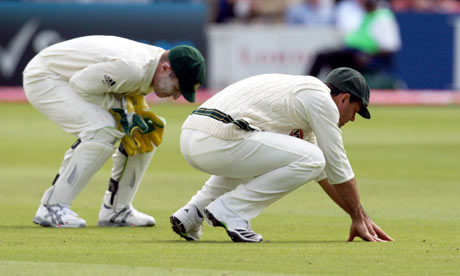 Ricky Ponting reacts after failing to hold on to an edged ball from Ravi Bopara