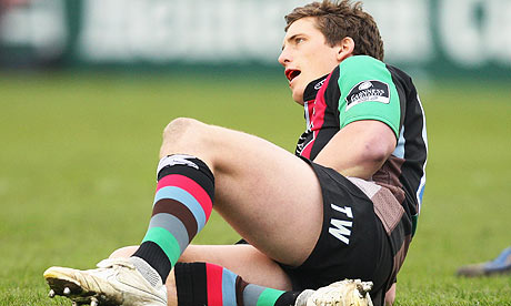Tom Williams goes to during the Heineken Cup Quarter Final match between Harlequins and Leinster
