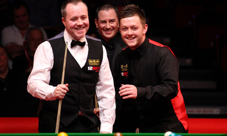 John Higgins and Mark Allen find something to amuse them in their UK Championship semi-final