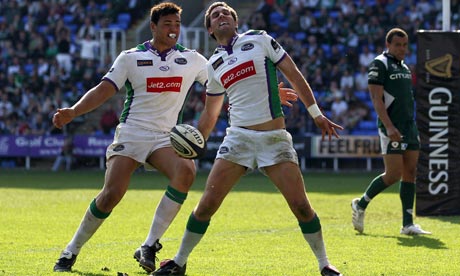 Jon Goodridge celebrates his try for Leeds against London Irish