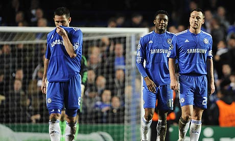 Frank Lampard, left, Mikel John Obi, and John Terry after Chelsea's loss to Internazionale