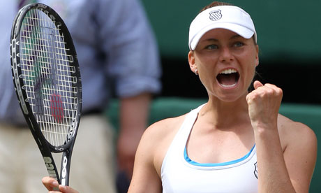Vera Zvonareva celebrates after coming from a set down to beat Bulgaria's