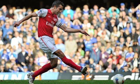 Robin van Persie scores his second goal and Arsenal's fourth in the 5-3 win at Chelsea