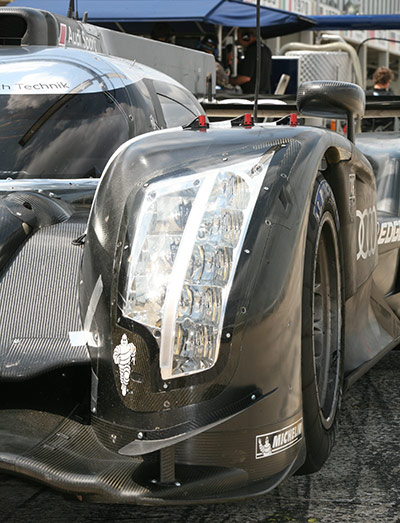 Audi R18 Testing: Close up of the headlights and front wing of the Audi R18