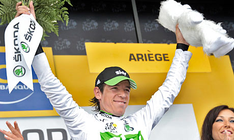 Team Sky's Rigoberto Uran is in the white jersey after stepping into Bradley Wiggins' shoes. Photograph: Nicolas Bouvy/EPA