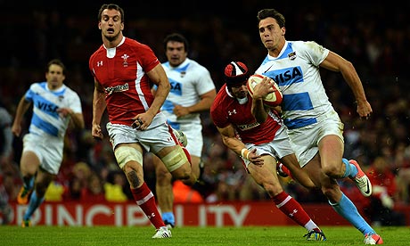 Argentina's wing Juan Imhoff scores against Wales