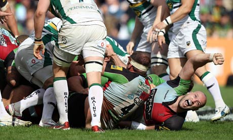 George Robson elebrates as Joe Marler scores the decisive try for Harlequins