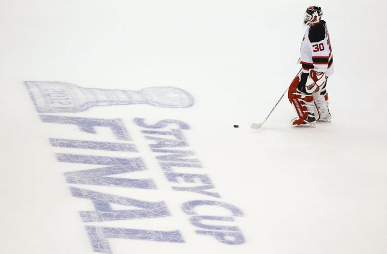 New Jersey Devils goalie Martin Brodeur skates towards centre ice