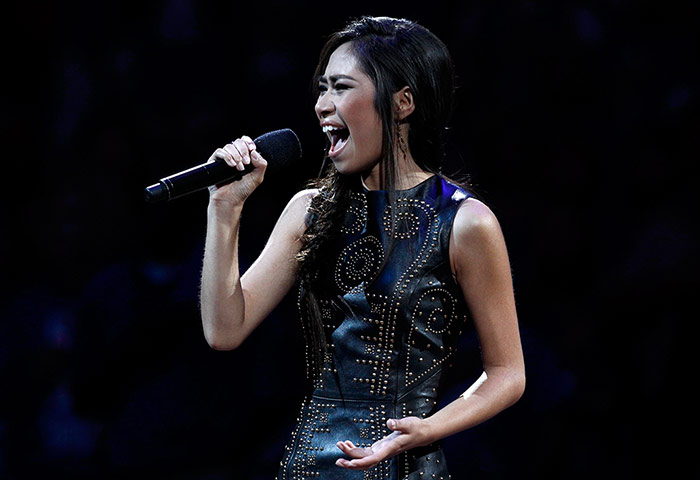 NBA1: Jessica Sanchez sings the National Anthem, Heat vs Thunder