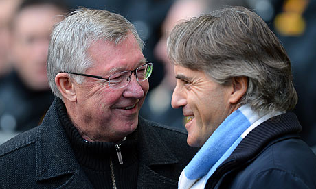 Manchester United's manager Sir Alex Ferguson with Manchester City's Roberto Mancini,