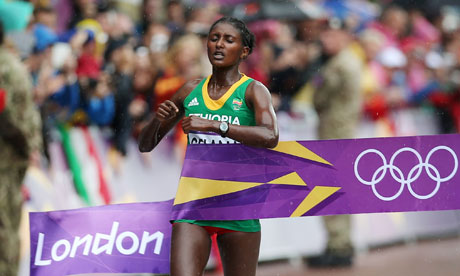 Ethiopian Tiki Gelana won the marathon at London 2012